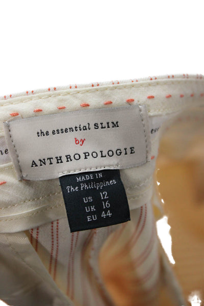 Anthropologie Women Ankle Cropped Dress Pants Beige Striped Button Size 12