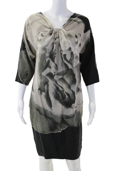 Robert Rodriguez Womens Shift Dress Beige Silk 3/4 Sleeve Zip Size 10