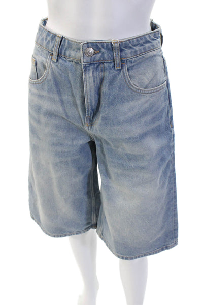 MNG Womens Light Blue Bermuda Shorts 100% Cotton Button Size 2