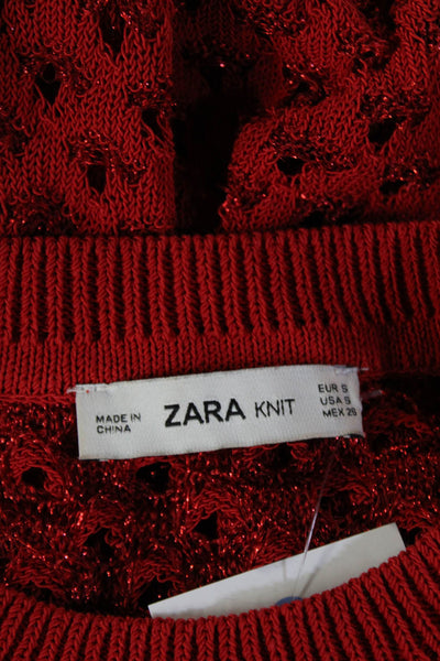 Zara Knit Women Red Viscose Crew Neck Pullover Sweater Long Sleeve Size S