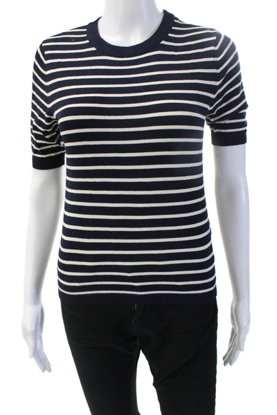 Zara Women Basic Striped Dark Blue Viscose Crewneck Short Sleeve T-Shirt Size S