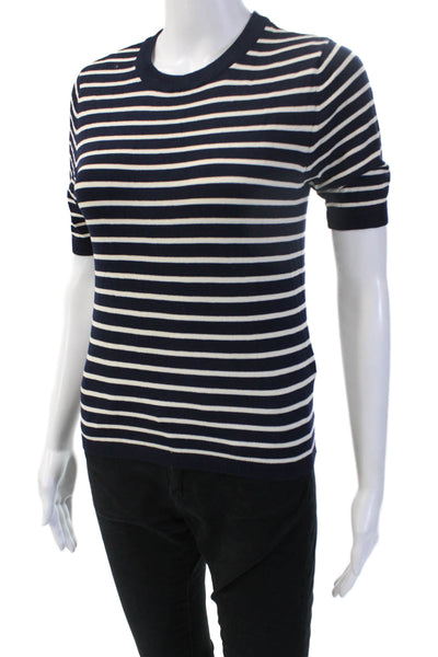 Zara Women Basic Striped Dark Blue Viscose Crewneck Short Sleeve T-Shirt Size S
