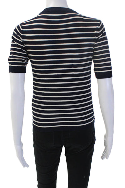 Zara Women Basic Striped Dark Blue Viscose Crewneck Short Sleeve T-Shirt Size S