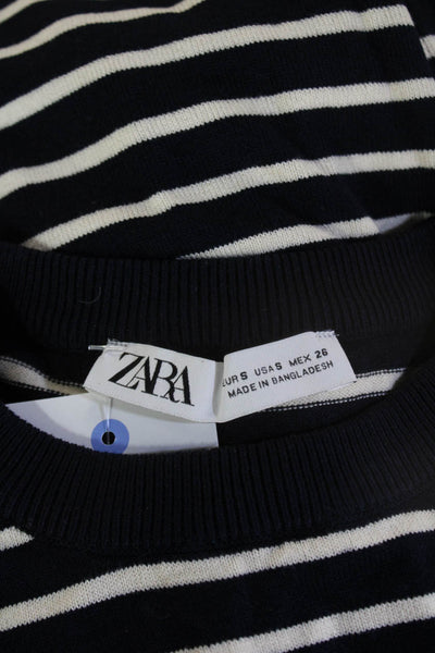 Zara Women Basic Striped Dark Blue Viscose Crewneck Short Sleeve T-Shirt Size S