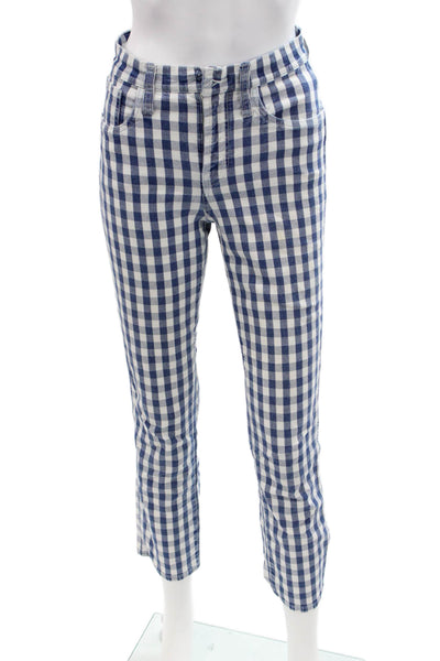 J Crew Women Ankle Cropped Check Denim Pants Mid Rise Blue Petite Size 24