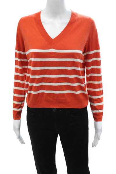 MNG Women Pullover Orange V-Neck Striped Long Sleeve Polyester Blend Size 2XS