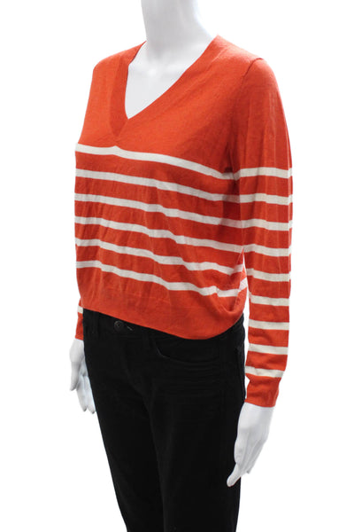 MNG Women Pullover Orange V-Neck Striped Long Sleeve Polyester Blend Size 2XS