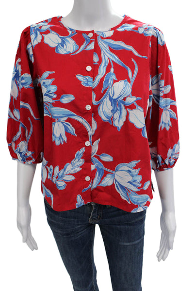 Karen Kane Womens Floral Cotton Button Up Blouse 3/4 Sleeve Size PM