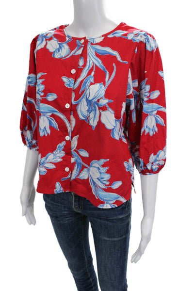 Karen Kane Womens Floral Cotton Button Up Blouse 3/4 Sleeve Size PM