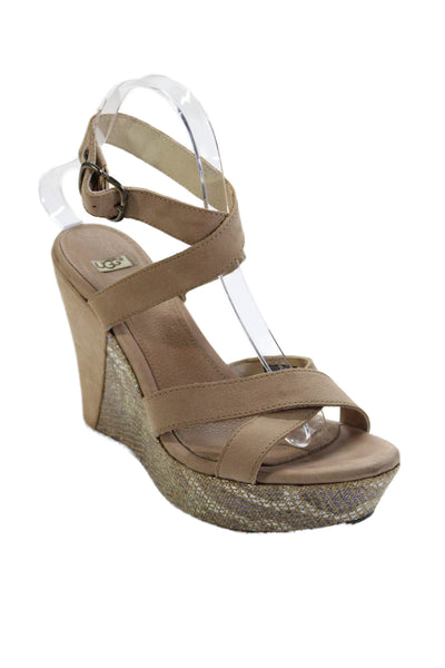 Ugg Womens Wedge Heel Platform Cross Ankle Strap Sandals Brown Leather Size 8
