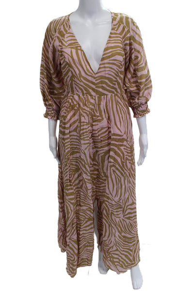 Christy Lynn Women Kaftan Midi Dress Linen AnimalPrint VNeck 3/4 Sleeve Size 2