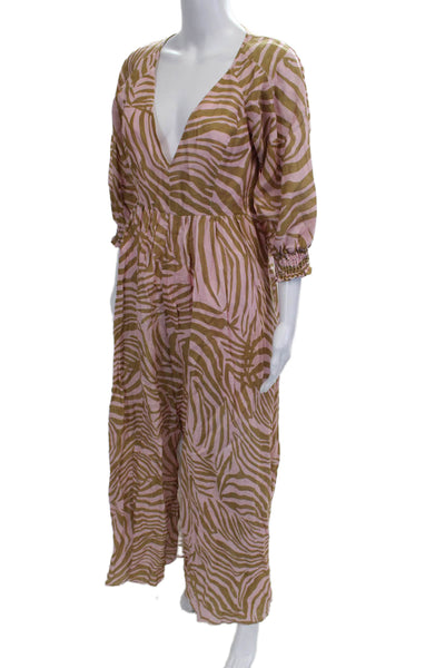 Christy Lynn Women Kaftan Midi Dress Linen AnimalPrint VNeck 3/4 Sleeve Size 2