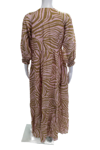 Christy Lynn Women Kaftan Midi Dress Linen AnimalPrint VNeck 3/4 Sleeve Size 2