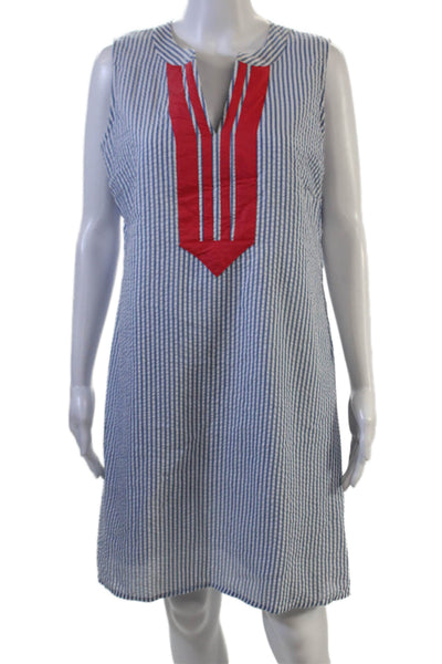 Duffield Lane Women Shift Dress Blue Striped V-Neck Sleeveless Knee Size L