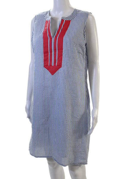 Duffield Lane Women Shift Dress Blue Striped V-Neck Sleeveless Knee Size L
