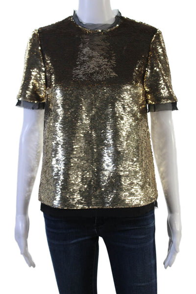 Rachel Zoe Womens Sequin Crew Neck Short Sleeve Blouse Black Size 0