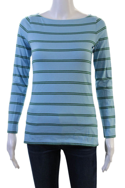 Ann Mashburn Women Light Blue Striped Cotton Long Sleeve T-Shirt Petite Size XS
