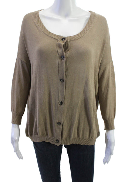 Theory Women Cardigan Brown 3/4 Sleeve Button Round Neck Size M