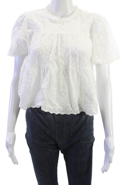 Aqua Womens White Cotton Bohemian Round Neck Short Sleeve Blouse Size S