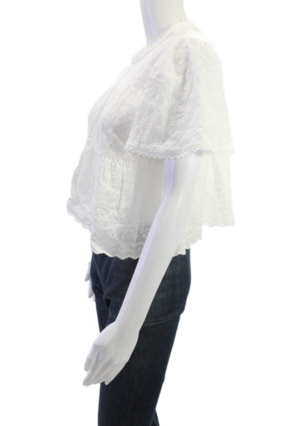 Aqua Womens White Cotton Bohemian Round Neck Short Sleeve Blouse Size S