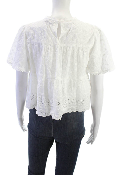 Aqua Womens White Cotton Bohemian Round Neck Short Sleeve Blouse Size S
