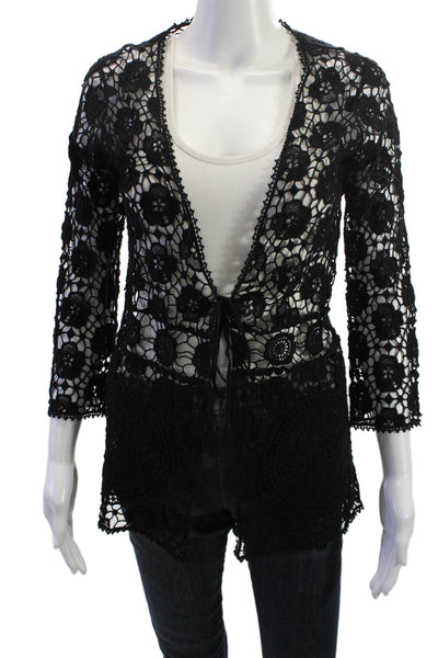 Elan Women Bohemian Floral V-Neck Tie Front Cotton 3/4 Sleeve Top Black Size M