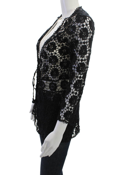 Elan Women Bohemian Floral V-Neck Tie Front Cotton 3/4 Sleeve Top Black Size M
