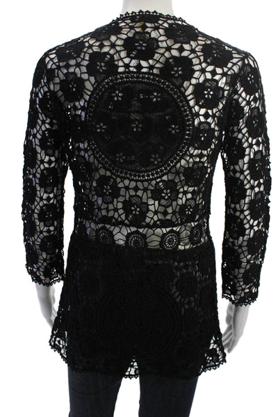 Elan Women Bohemian Floral V-Neck Tie Front Cotton 3/4 Sleeve Top Black Size M