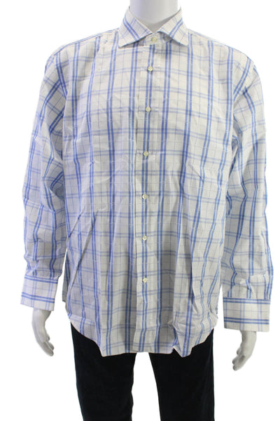 Etro Milano Mens Plaid Long Sleeve Button Up Shirt White Size 42