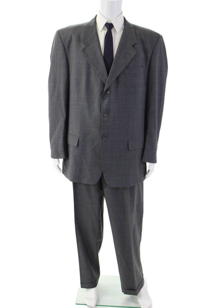 Ferretti Uomo Mens 2 Piece Dark Gray Wool Check Suit Collared Button Size 46