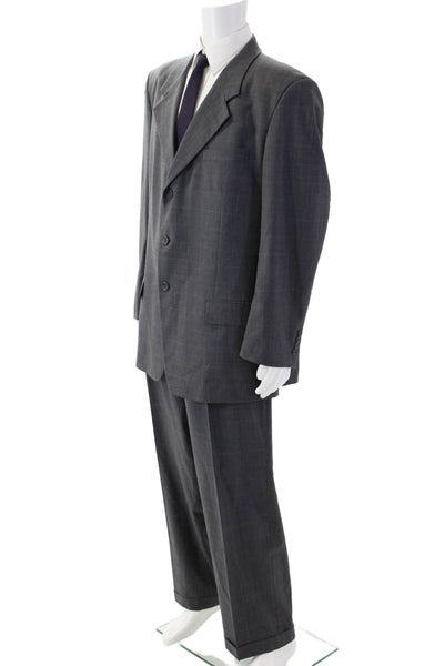 Ferretti Uomo Mens 2 Piece Dark Gray Wool Check Suit Collared Button Size 46