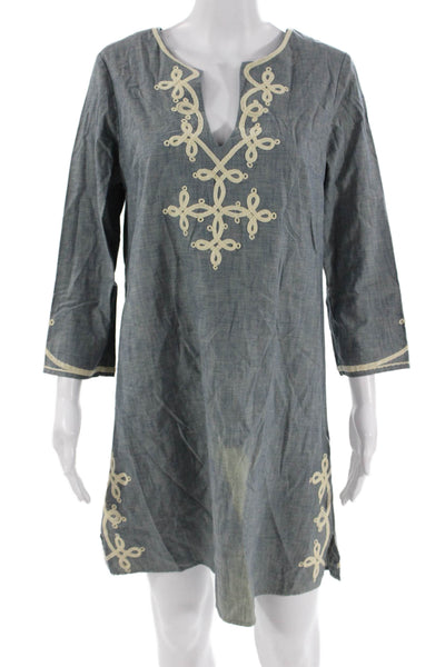Lucky Brand Womens Kaftan Dress Gray Cotton V Neck 3/4 Sleeve Boho Size M