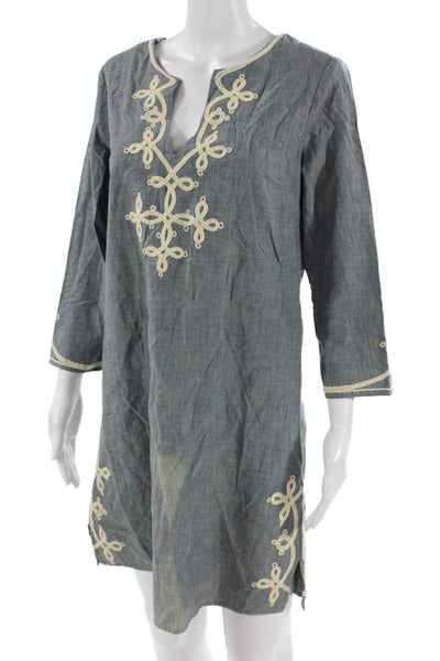 Lucky Brand Womens Kaftan Dress Gray Cotton V Neck 3/4 Sleeve Boho Size M