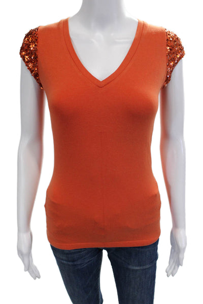 Pink Tartan Womens Orange V-Neck Basic Tee Cap Sleeve Polyester Petites Size XS