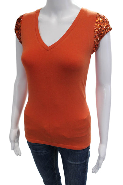 Pink Tartan Womens Orange V-Neck Basic Tee Cap Sleeve Polyester Petites Size XS