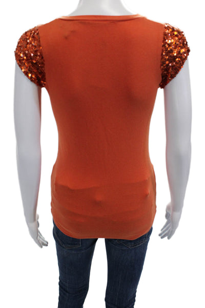 Pink Tartan Womens Orange V-Neck Basic Tee Cap Sleeve Polyester Petites Size XS