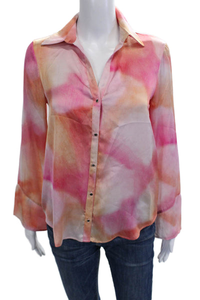 Zara Women Collared Button Up Blouse Pink Polyester Long Sleeve Size S