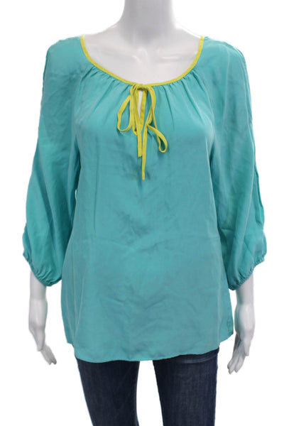 Randy Kemper Women Tunic Blouse Light Blue Silk 3/4 Sleeve Round Neck Size S