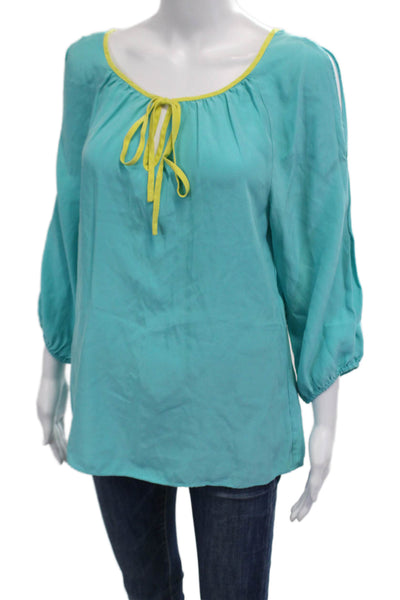 Randy Kemper Women Tunic Blouse Light Blue Silk 3/4 Sleeve Round Neck Size S