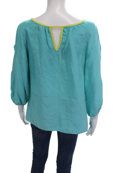 Randy Kemper Women Tunic Blouse Light Blue Silk 3/4 Sleeve Round Neck Size S