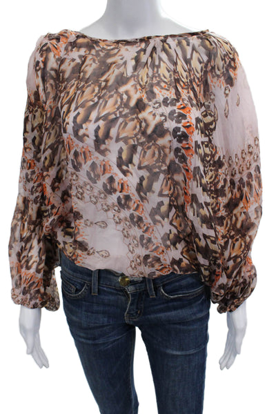 Single Women 100% Silk Beige Animal Print Long Sleeve Round Neck Blouse Size M