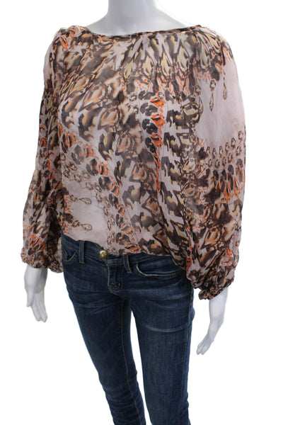 Single Women 100% Silk Beige Animal Print Long Sleeve Round Neck Blouse Size M