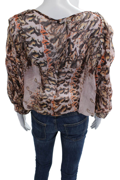 Single Women 100% Silk Beige Animal Print Long Sleeve Round Neck Blouse Size M