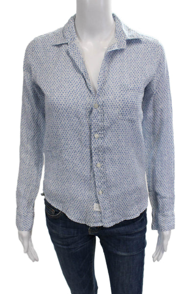 Frank & Eileen Women Light Blue Floral Linen Long-Sleeve Button-Up Size 2XS