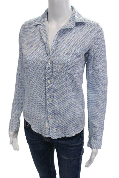Frank & Eileen Women Light Blue Floral Linen Long-Sleeve Button-Up Size 2XS