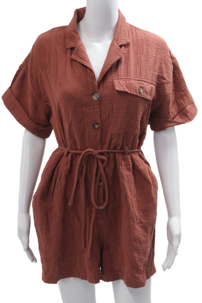 Madewell Women Short Sleeve Cotton Jumpsuit Collar Solid Brown Size S
