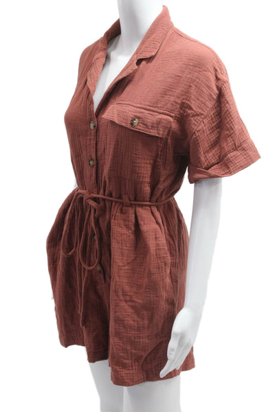 Madewell Women Short Sleeve Cotton Jumpsuit Collar Solid Brown Size S