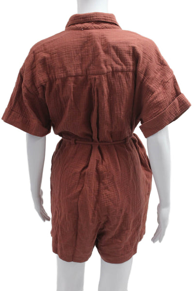Madewell Women Short Sleeve Cotton Jumpsuit Collar Solid Brown Size S