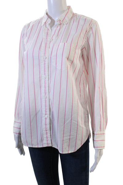 J Crew Women White Striped Linen Collared Button-Up Long Sleeve Basic Size 2