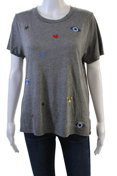 Lauren Moshi Womens Gray Graphic Jersey Crew Neck T Shirt Short Sleeve Size S